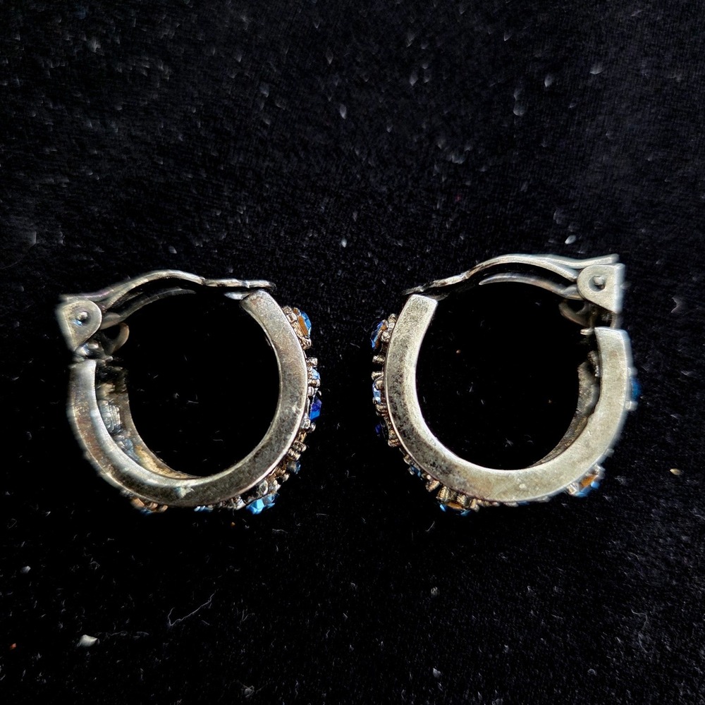 Givenchy Vintage Bronze Tone Blue Crystal Filigree Floral Clip On Hoop Earrings - Picture 5 of 6